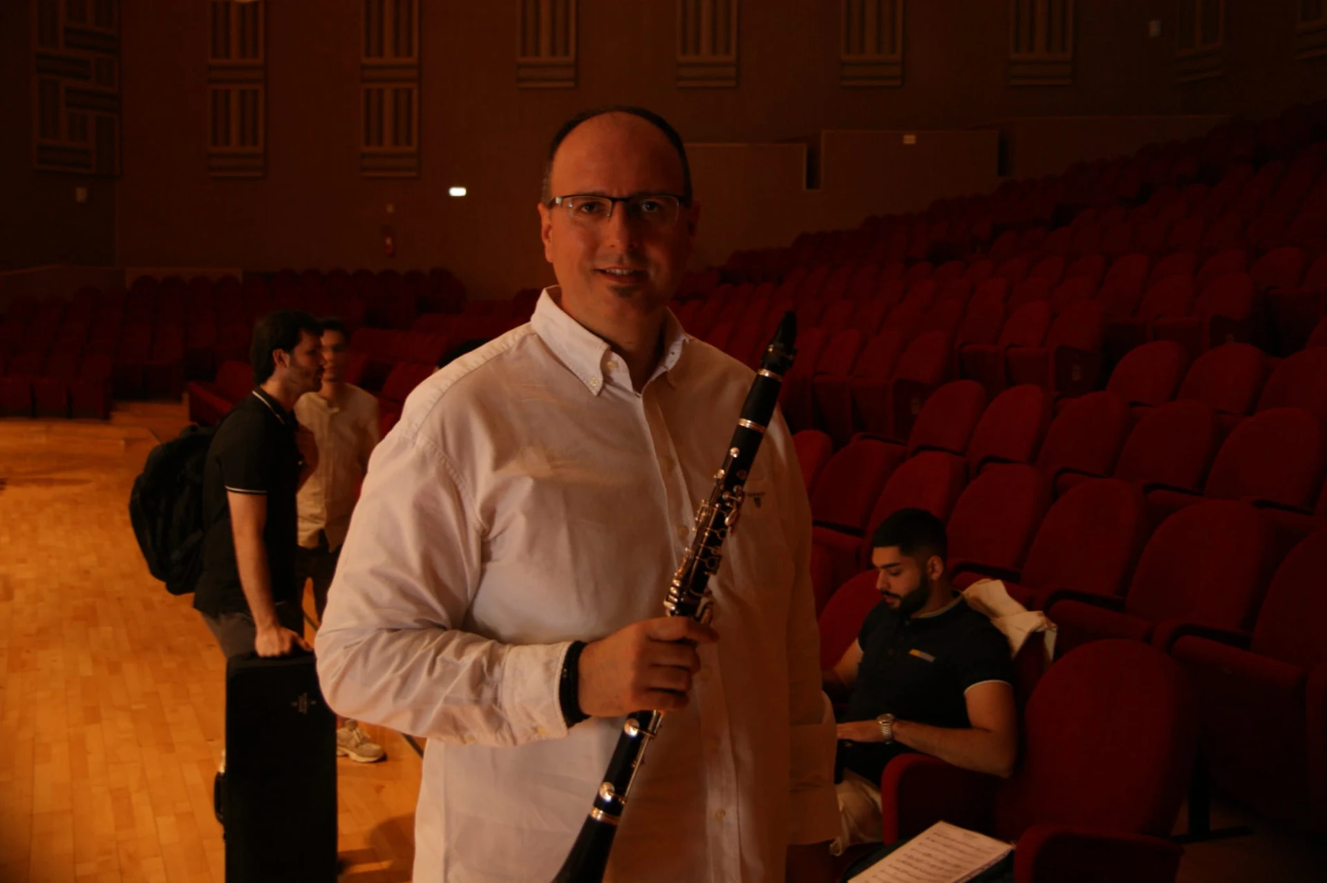 Milos with his clarinet in the concert hall before a performance